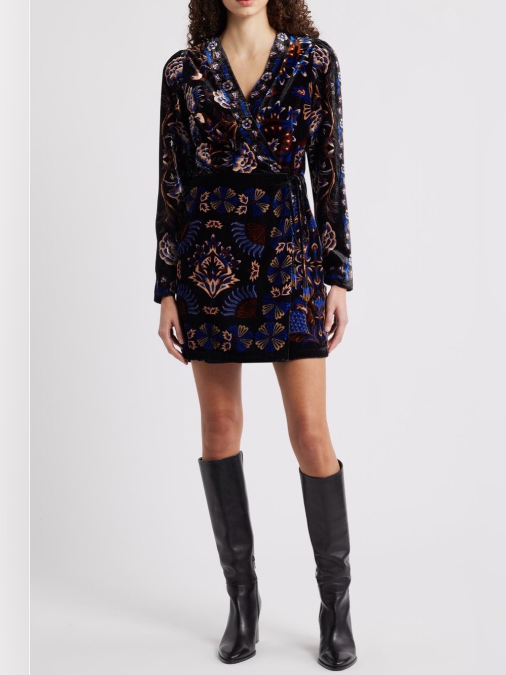 Anthropologie Farm Rio Arabesque Mix Scarves Velvet Wrap Mini Dress XS Floral